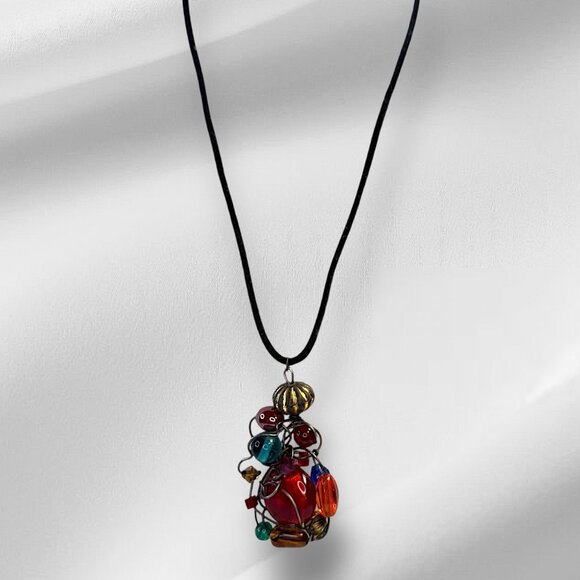Metal Wire Wrap Multicolour Acrylic Beads Pendant Necklace Black Rope 18 inches - Picture 3 of 7